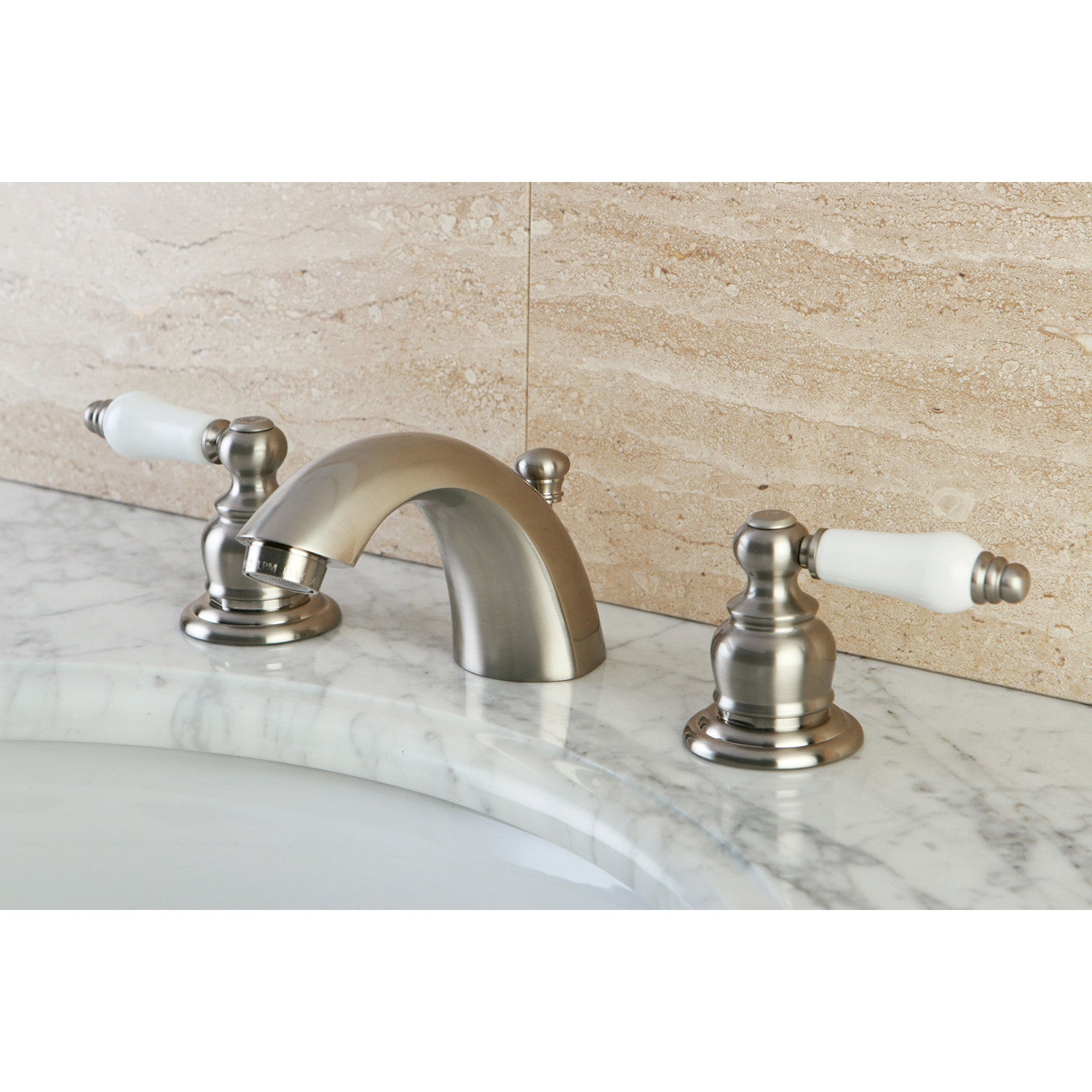 Kingston Heirloom KB948B - Victorian Two-Handle 3-Hole Deck Mount Mini-Widespread Bathroom Faucet with Pop-Up Drain, Brushed Nickel — thumbnail 2